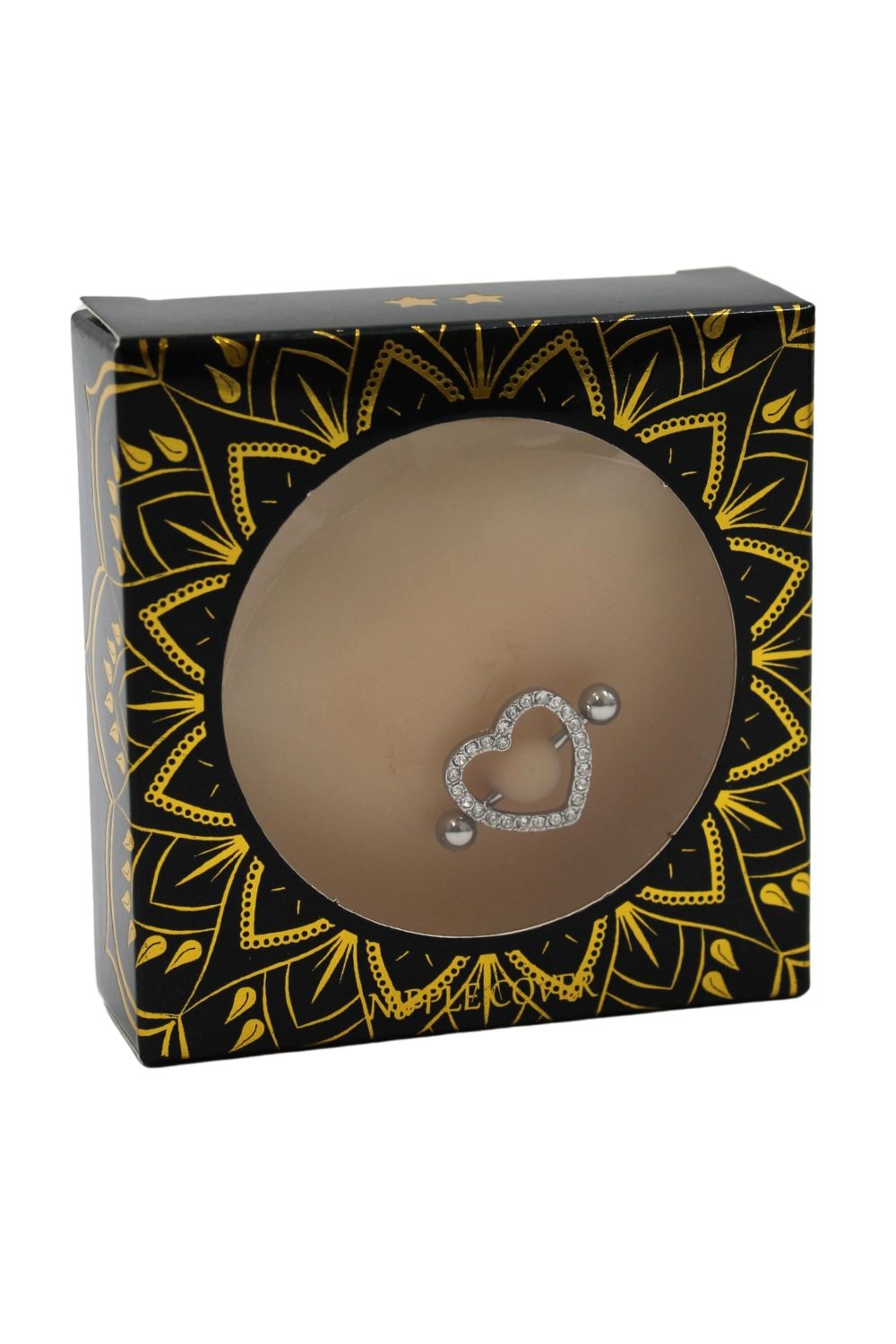 Paire de cache-tétons piercing barre coeur faux diamant peau claire