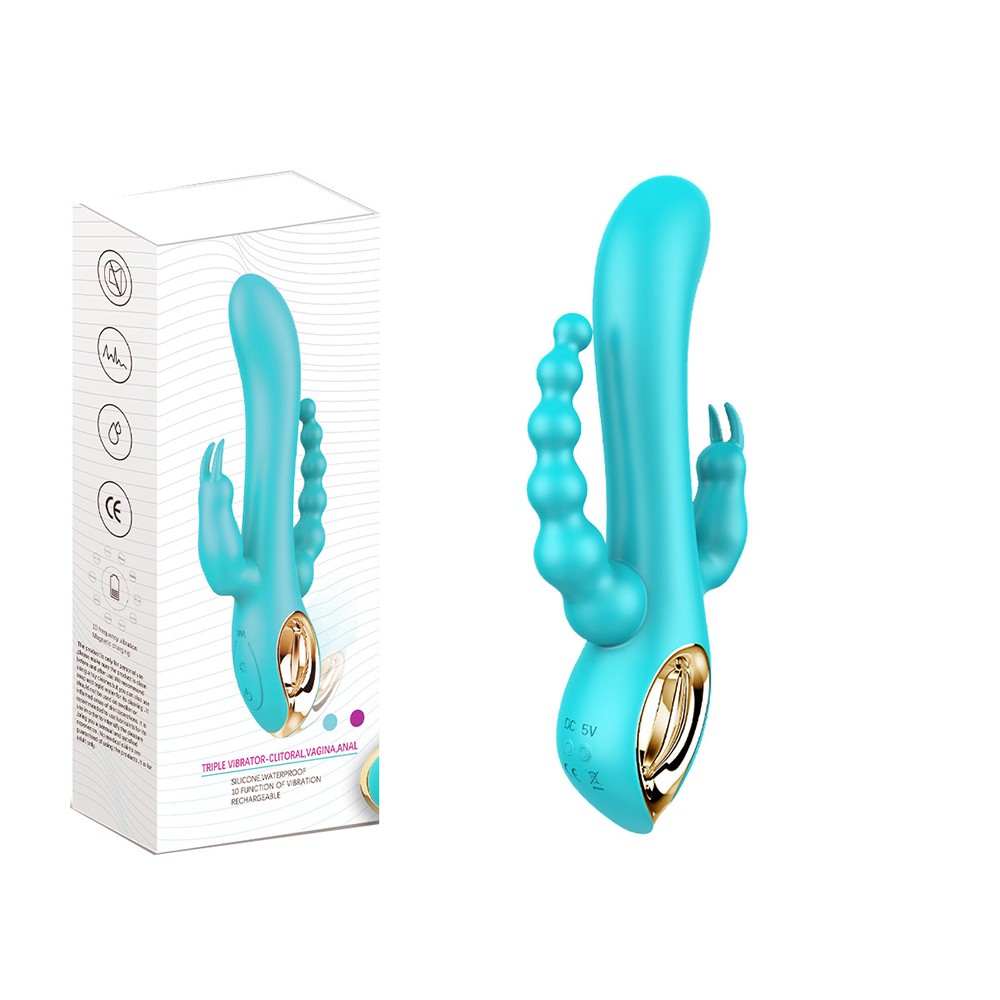 Vibromasseur rabbit bleu avec chapelet vibrant