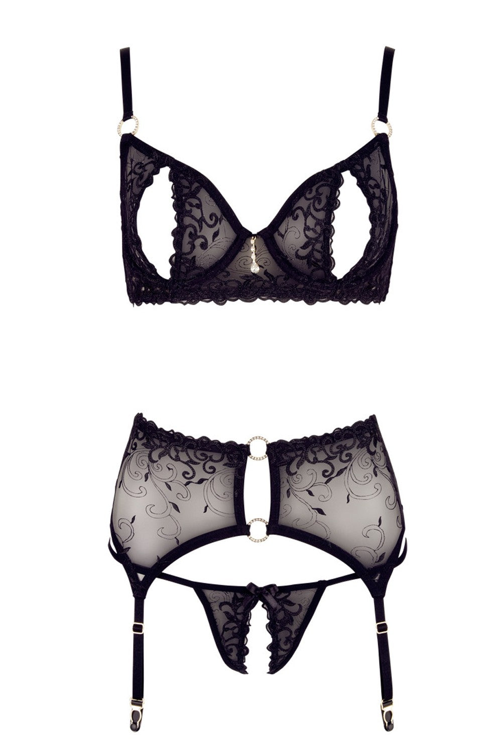 Soutien-gorge dentelle, porte-jarretelles et string ouvert noir