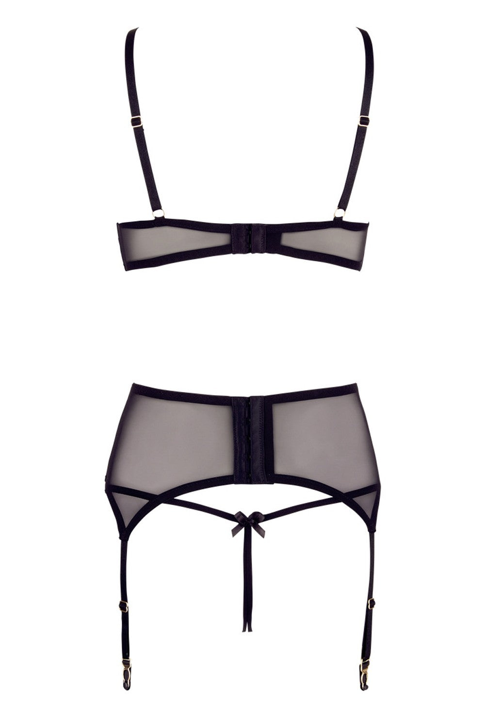 Soutien-gorge dentelle, porte-jarretelles et string ouvert noir