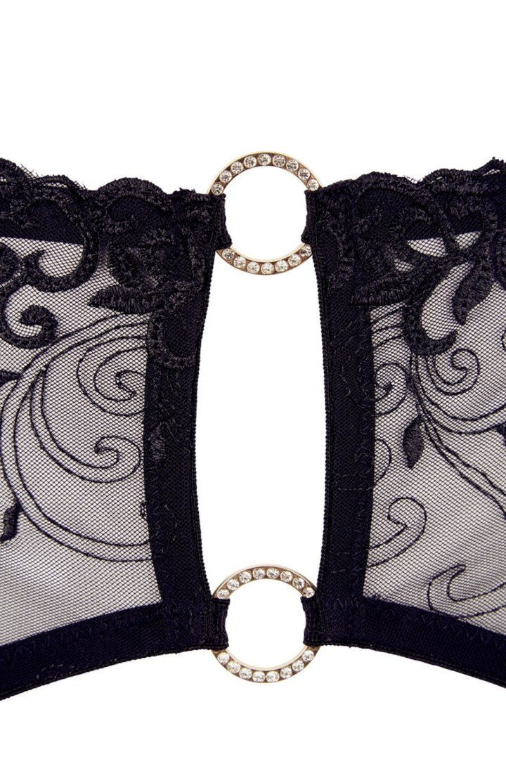 Soutien-gorge dentelle, porte-jarretelles et string ouvert noir