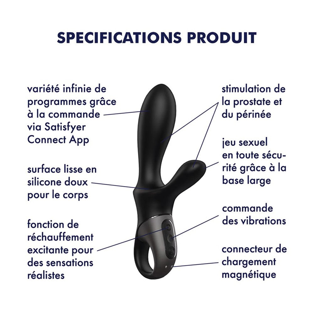 Vibromasseur rabbit noir USB, chauffant et connecté Heat Climax+ Satisfyer