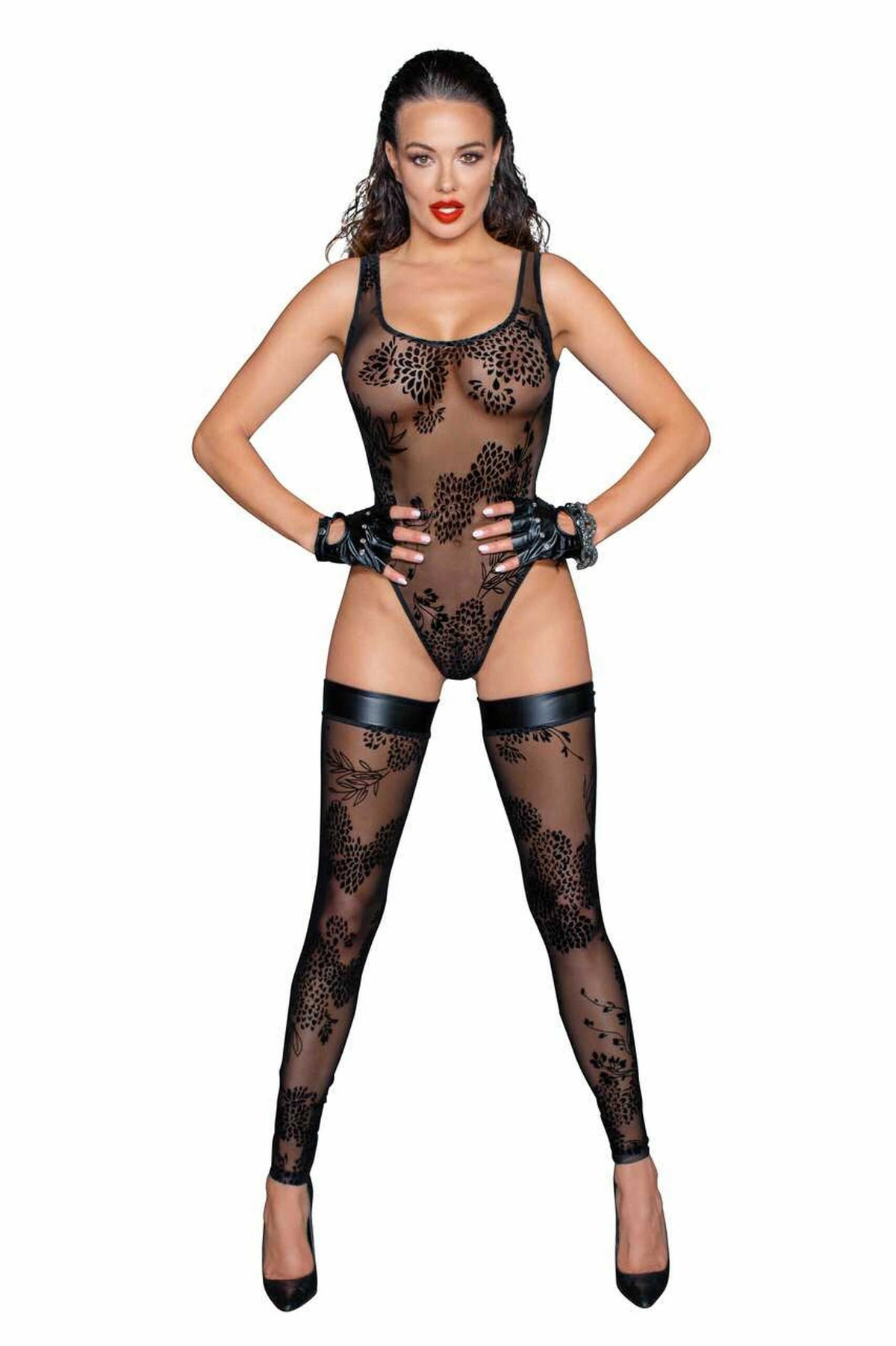 F242 Tulle body avec broderie flock à motifs