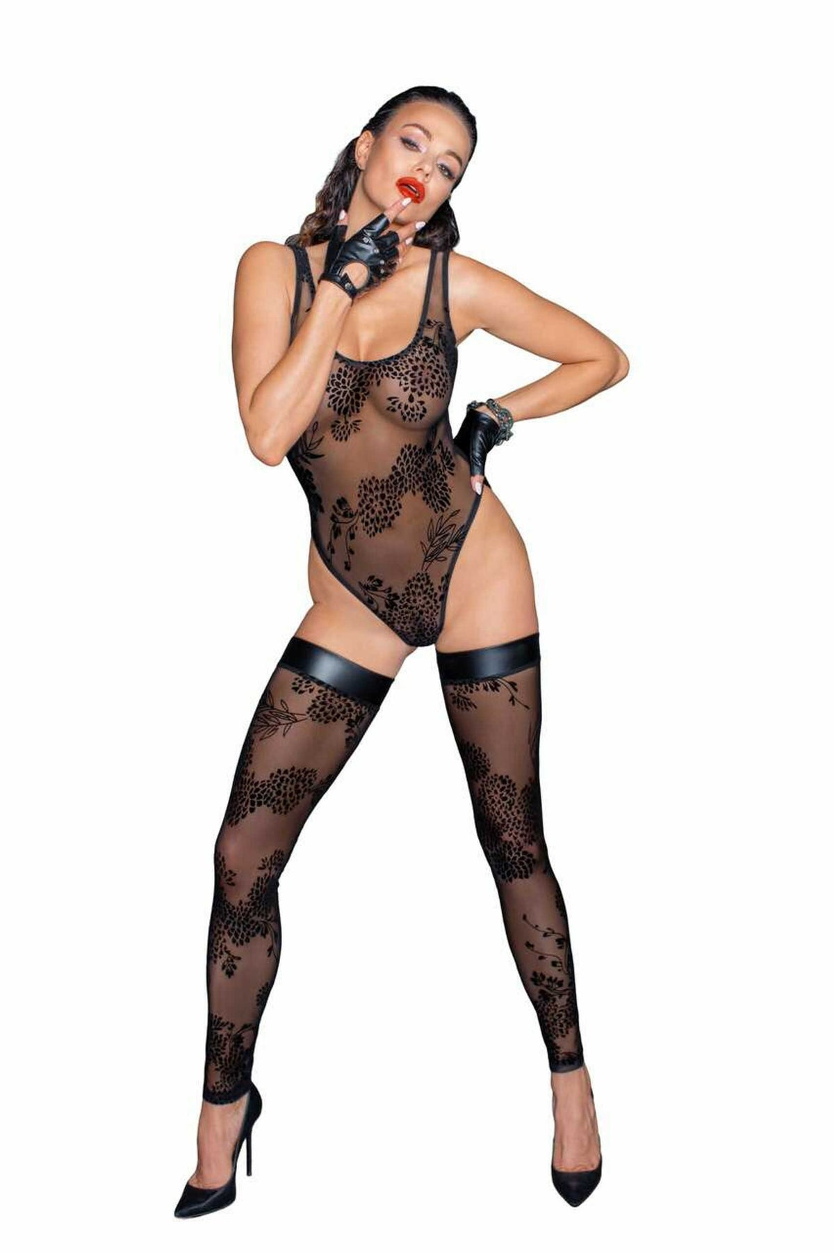 F242 Tulle body avec broderie flock à motifs