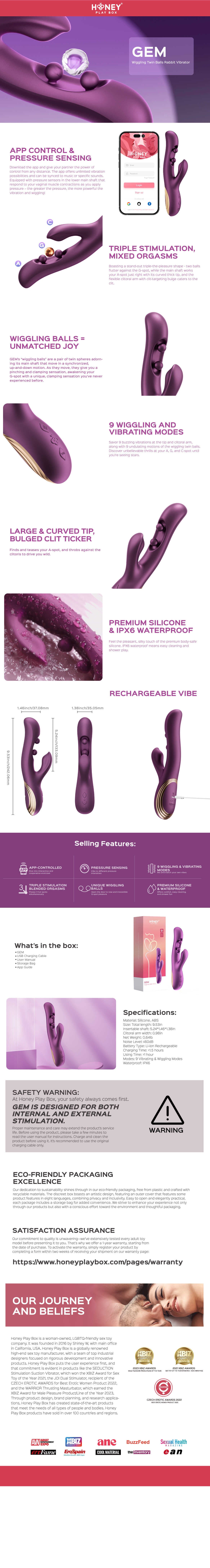 Gem vibromasseur rabbit avec capteurs de pression et application Violet