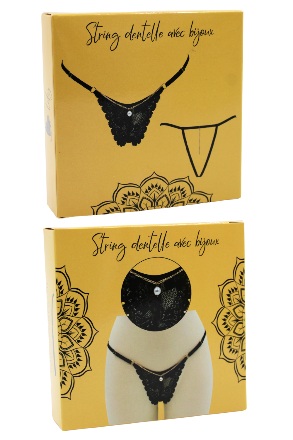 String noir en dentelle avec bijou et chaîne dorée