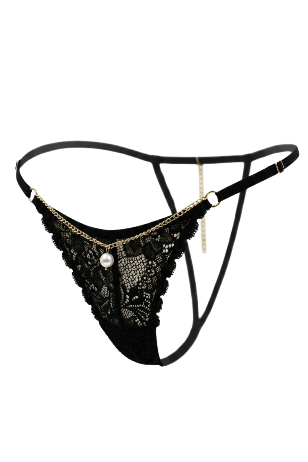 String noir en dentelle avec bijou et chaîne dorée