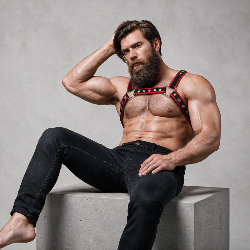 FETISH SUBMISSIVE ATTITUDE - HARNAIS DE POITRINE BULLDOG EN CUIR ÉCOLOGIQUE POUR HOMMES NOIR/ROUGE